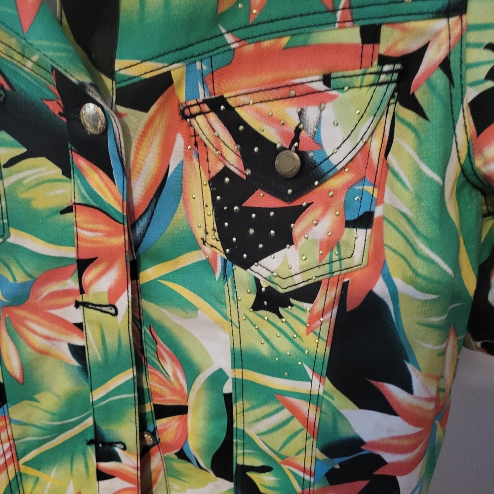 DG2 by Diane Gilman Jacket Women's 1X Colorful Floral Studded Button Stretch EUC - Picture 4 of 6